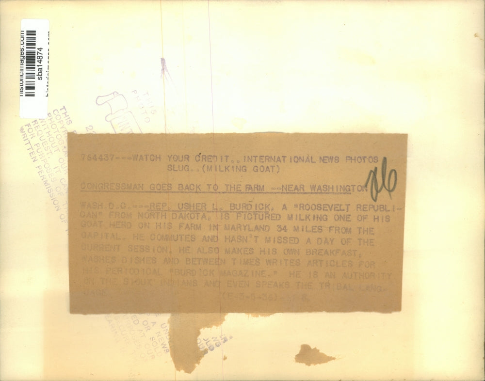 Press Photo Rep Usher L Burdick a Republican of North Dakota milks a goat