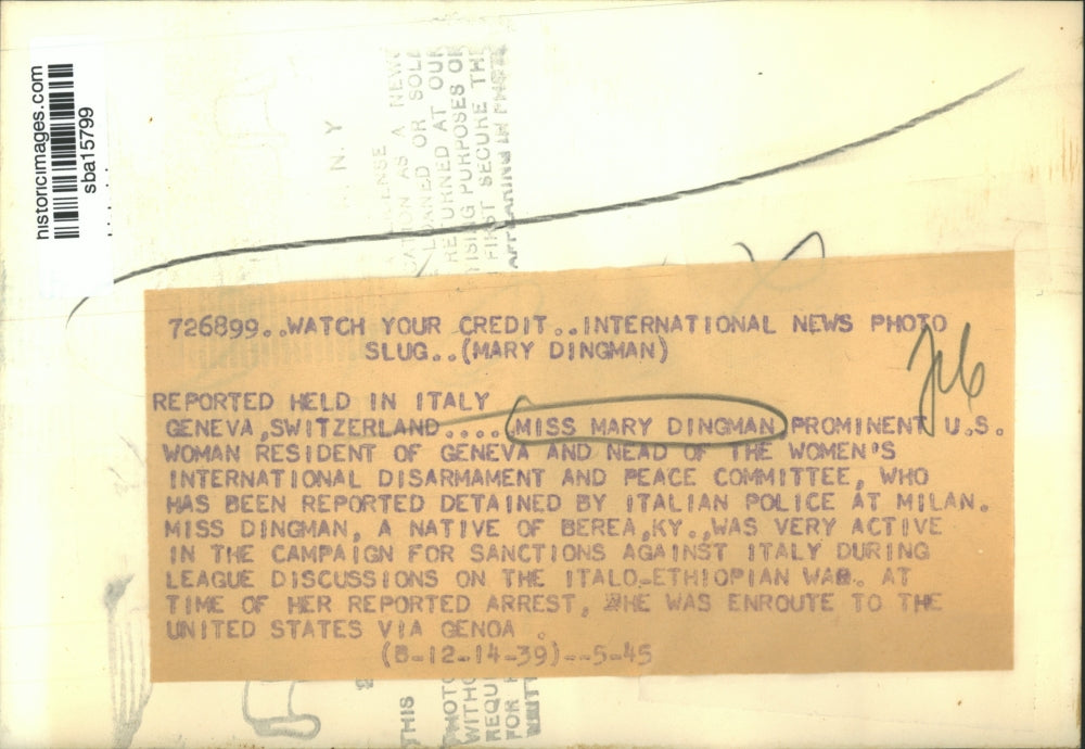 1939 Press Photo Ms. Dingman head of a women's organization being held in Italy