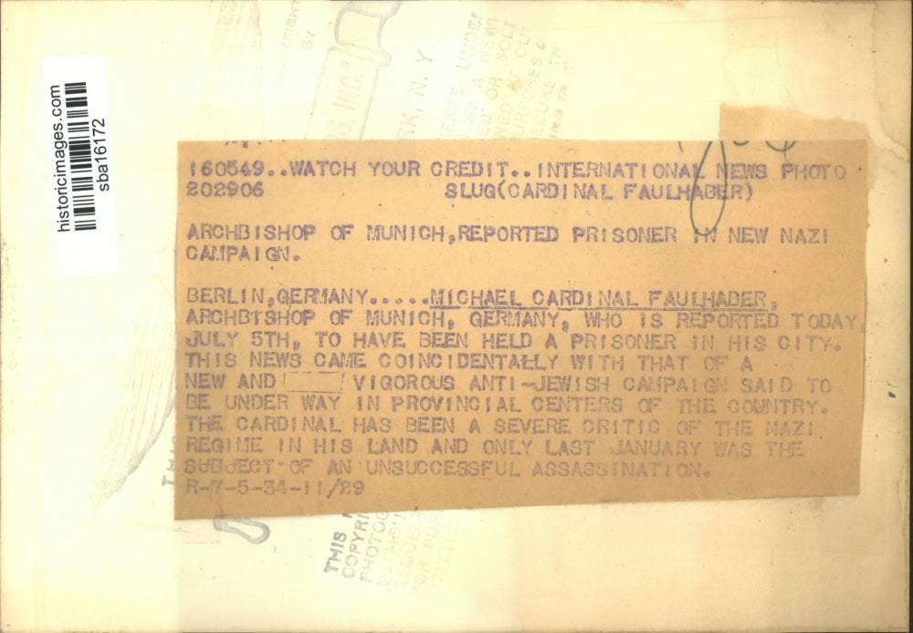 1934 Press Photo Michael Cardinal Faulhaber was held prisoner