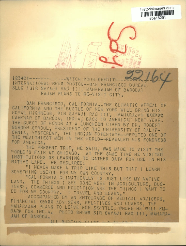 Press Photo Sir Sayaji Rad III Mahrajah of Baroca arrives in California