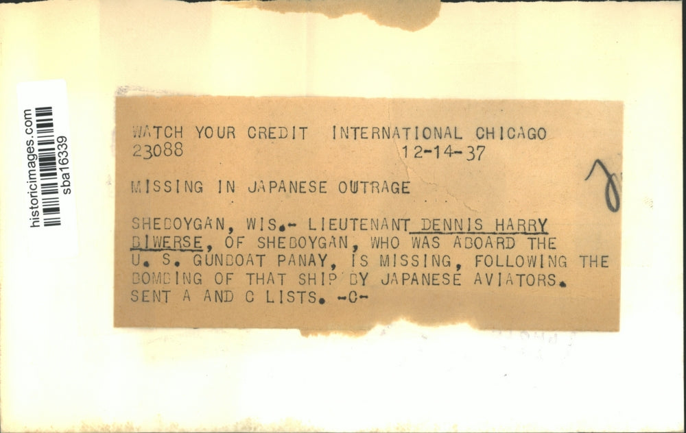 1937 Press Photo Dennis Harry Biwerse aboard the Gunboat Panay when it was sunk