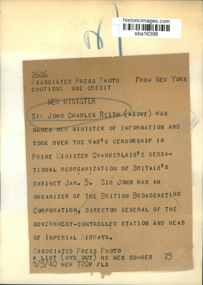 1940 Press Photo Sir John Charles Reith-Britain's New Information Minister