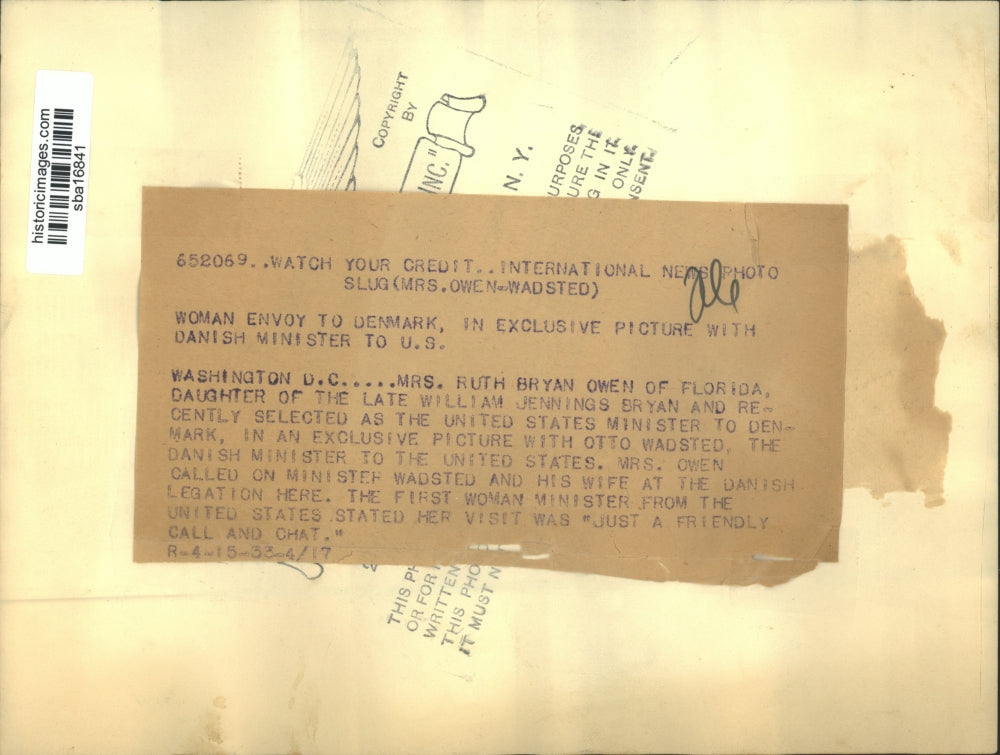 1933 Press Photo Mrs Ruth Bryan Owen new Minister to Denmark with O Wadsted