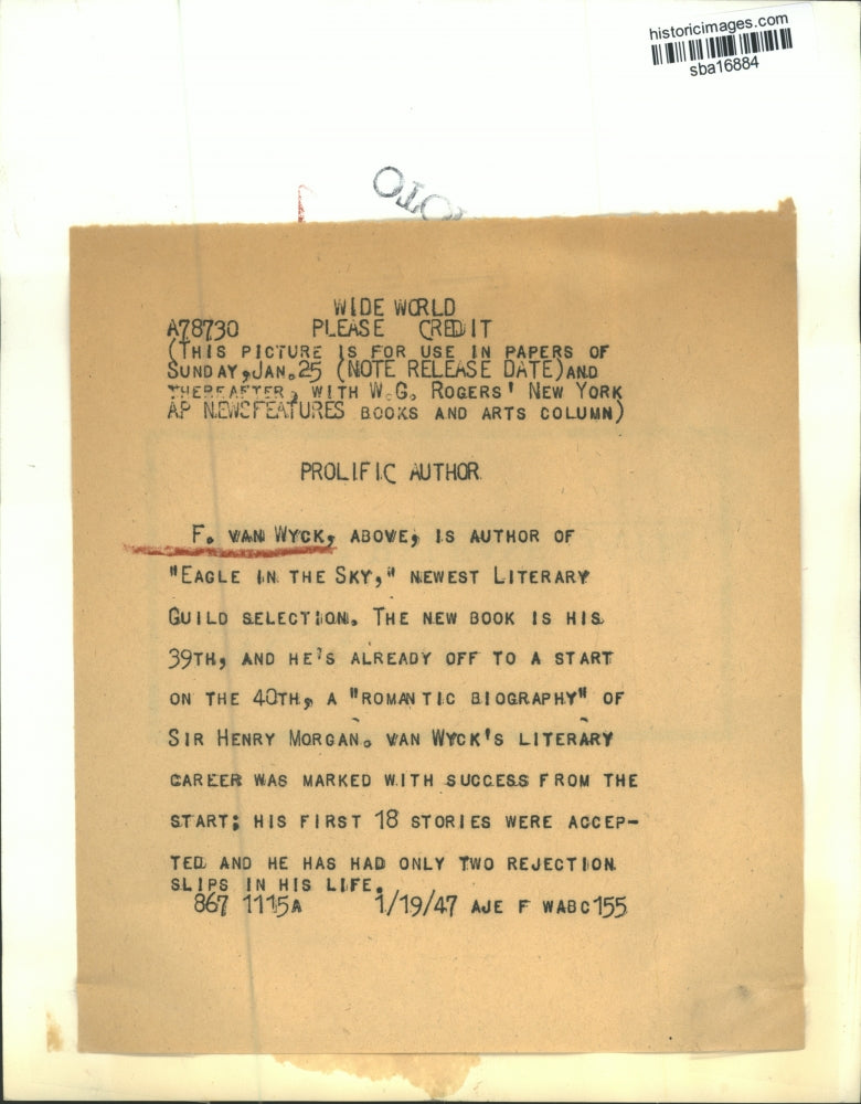 1947 Press Photo F. Van Wyck successful literary author - sba16884