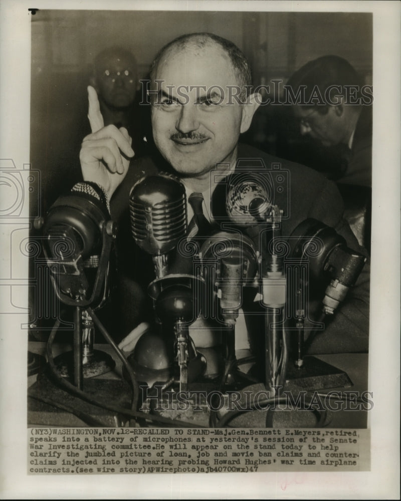 1947 Press Photo Maj. Gen. Bennett Meyers speaks into a battery of microphones- Historic Images