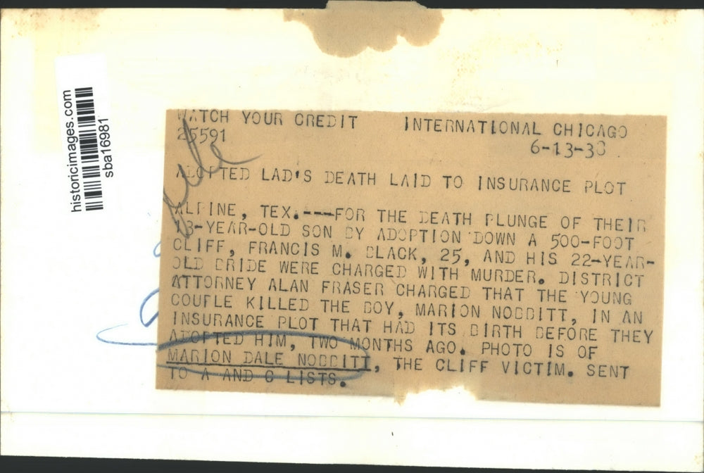 1938 Press Photo Marion Dale Nobitt Alpine Texas Cliff Victim - sba16981