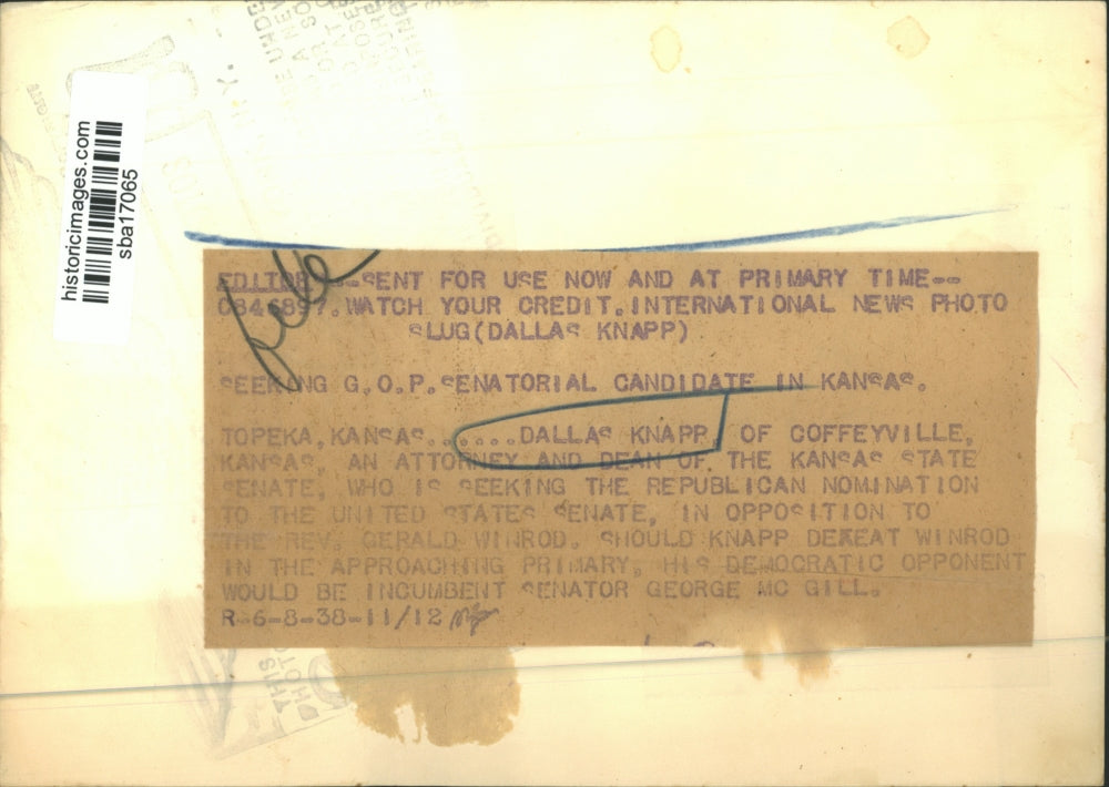 1938 Press Photo Dallas Knapp, Attorney & Dean of Kansas State Senate