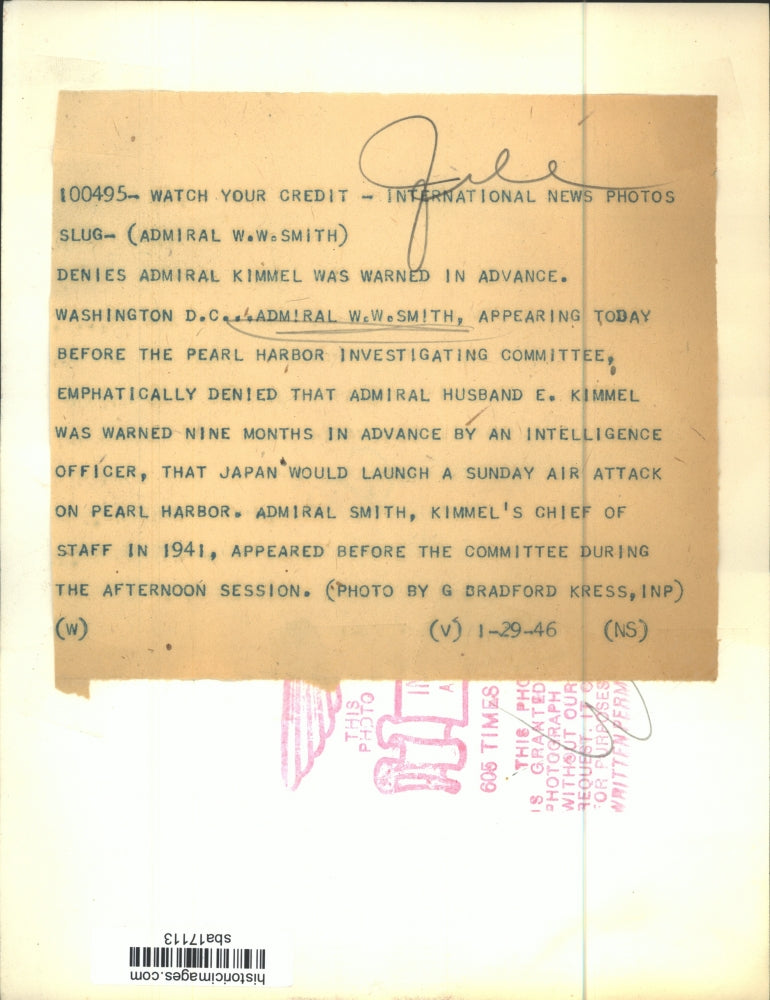 1946 Press Photo Adm. Smith appears the Pearl Harbor Investigating Committee