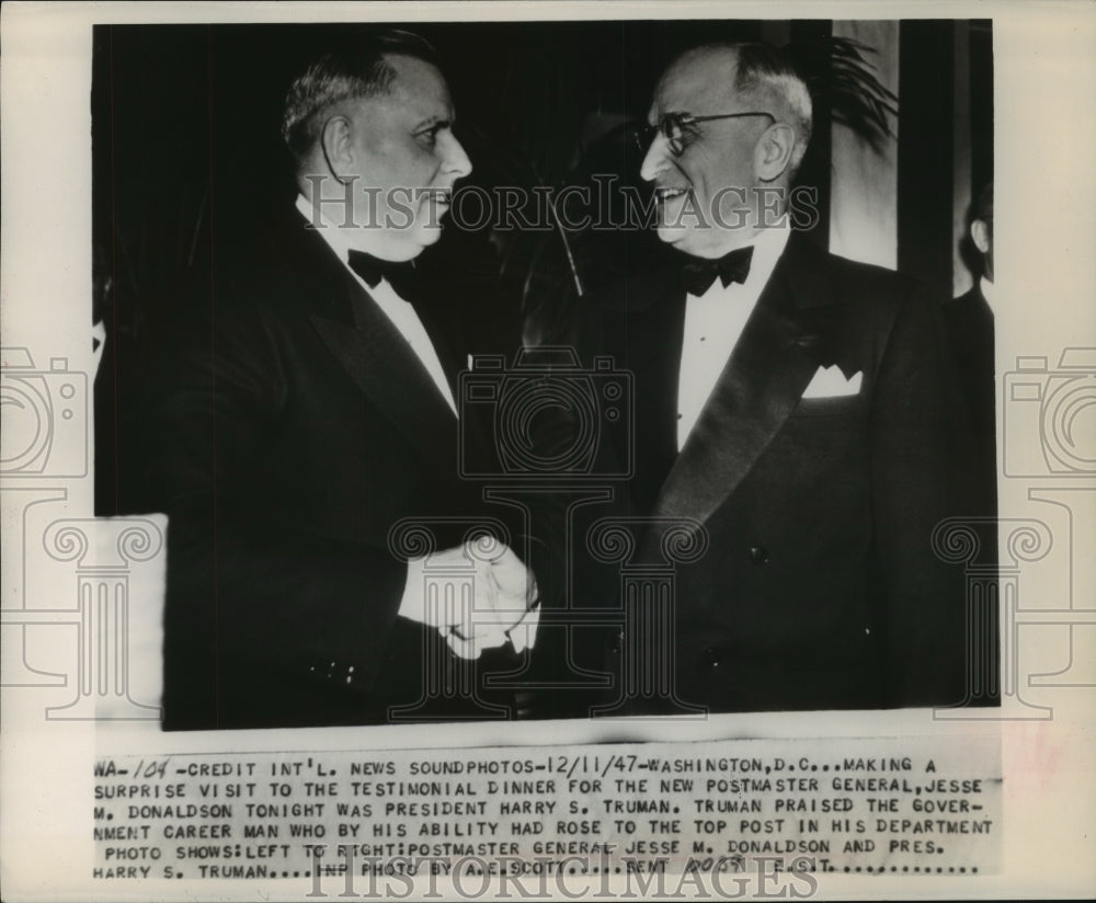1947 Press Photo President Harry Truman attends Jesse Donaldson's testimonial
