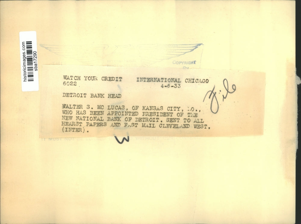 1933 Press Photo Walter McLucas was named new head of National Bank of Detroit