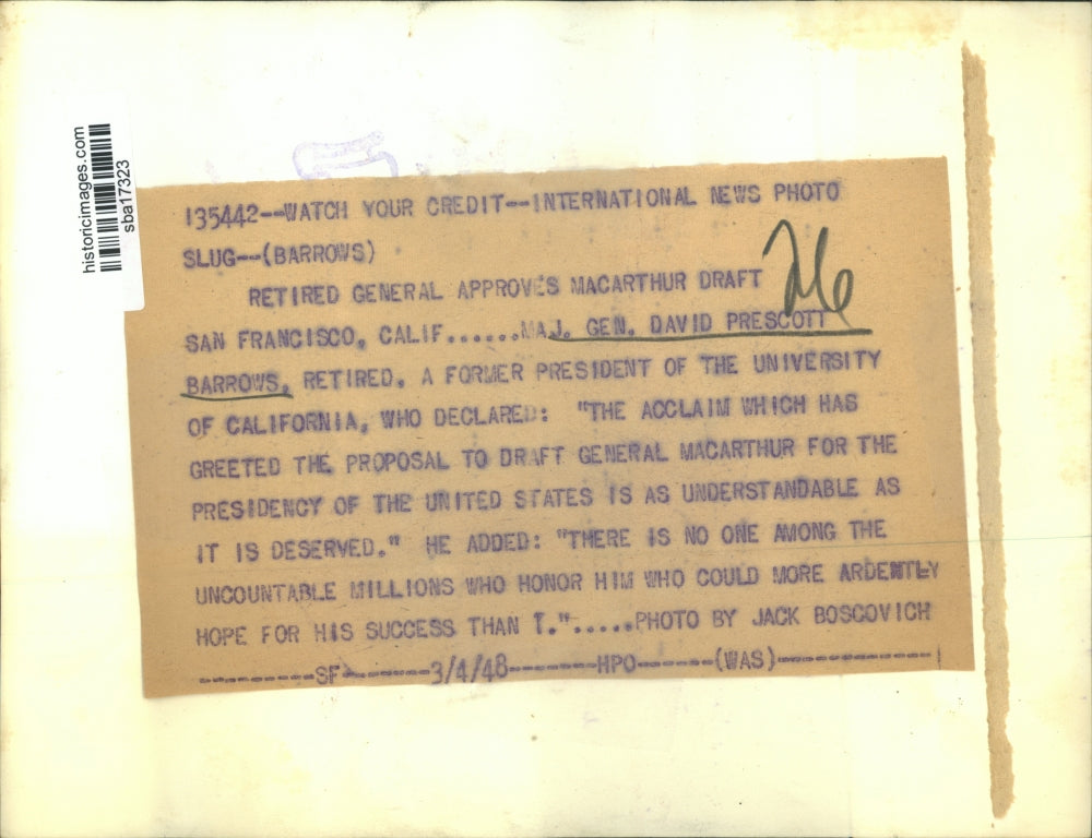 1948 Press Photo Retired Maj Gen David Prescott Barrows, Ex-President of U of CA