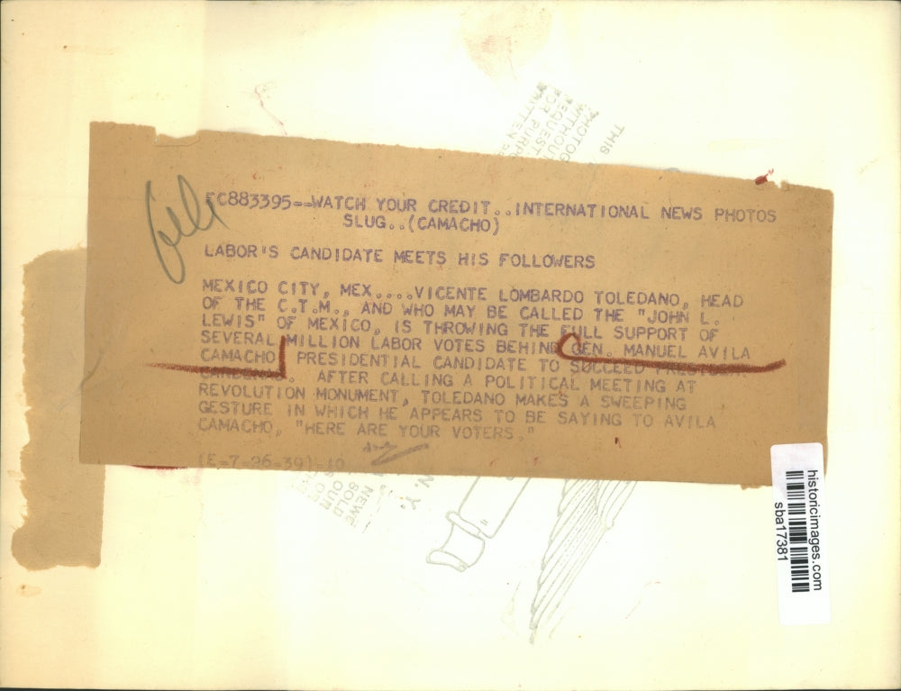 1939 Press Photo Gen Manuel Avila Camacho presidential candidate in Mexico