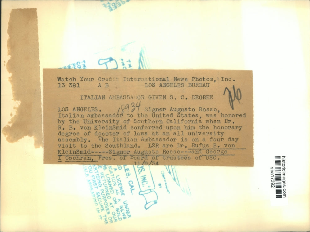 1934 Press Photo Italian ambassador to US Augusto Russo, Dr RB von KleinSmid