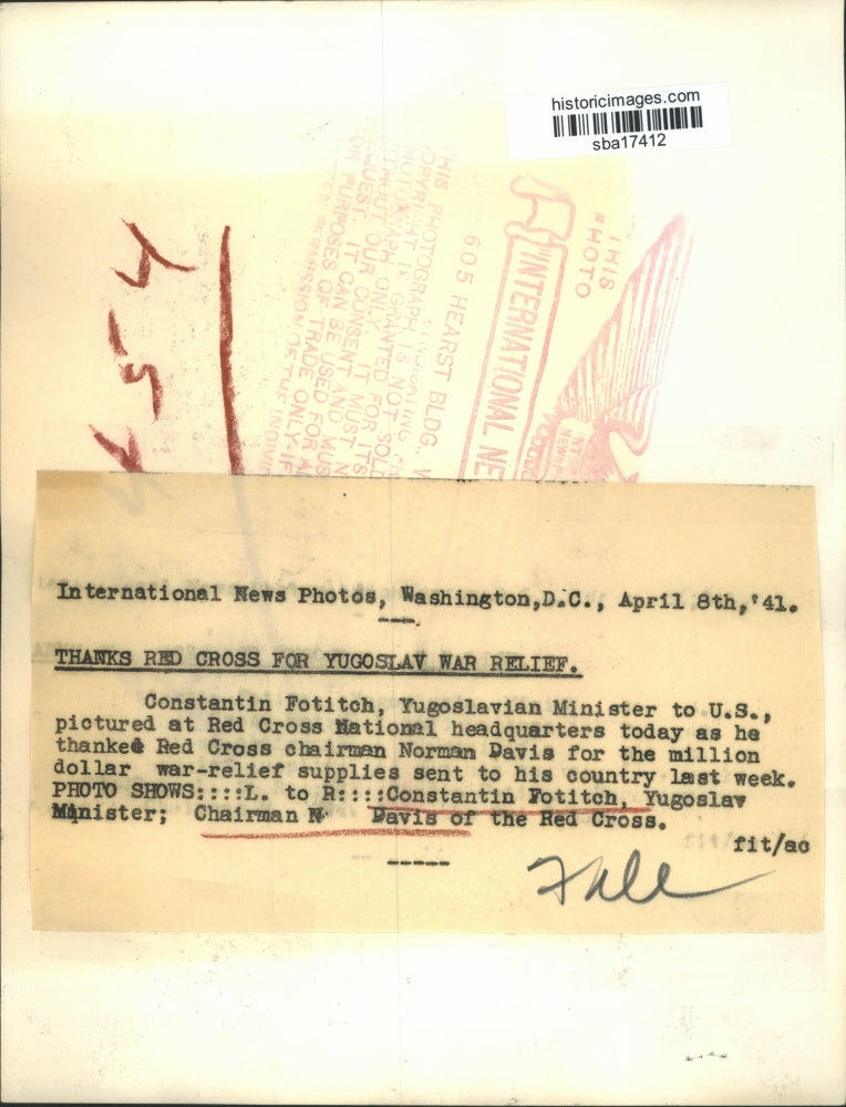 1941 Press Photo Constantin Fotitch Yugoslav Minister & N Davis of Red Cross