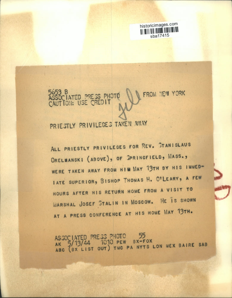 1944 Press Photo The Rev Stansilaus Orlemanski of Springfield Mass - sba17415