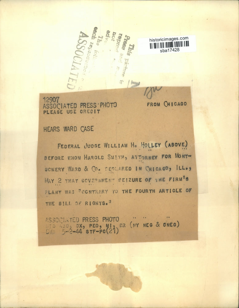 1944 Press Photo Judge William Holley in charged of the Montgomery Ward case