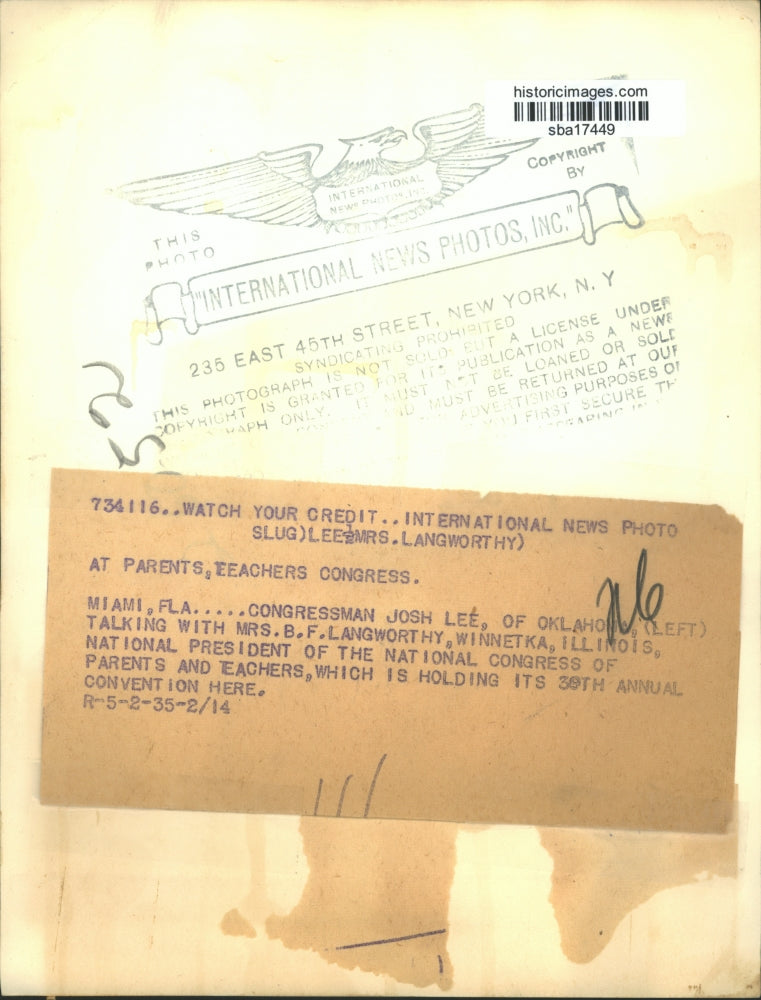 1935 Press Photo Congressman Josh Lee With Mrs. B. F. Langworthy In Miami, FL