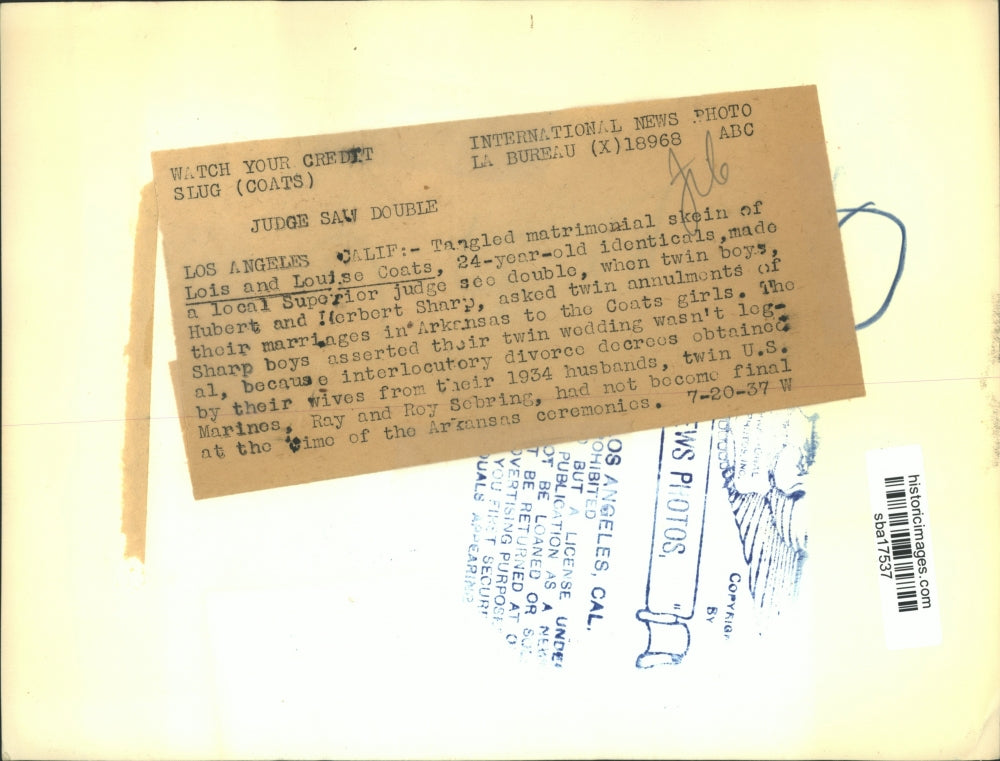 1937 Press Photo Lois And Louise Coats Get Twin Annulments From Husbands