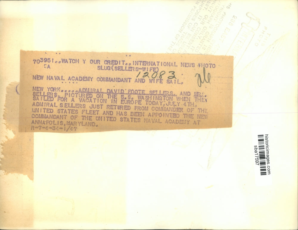 1934 Press Photo Adm. David F. Sellers and Mrs. Sellers on the S.S. Washington