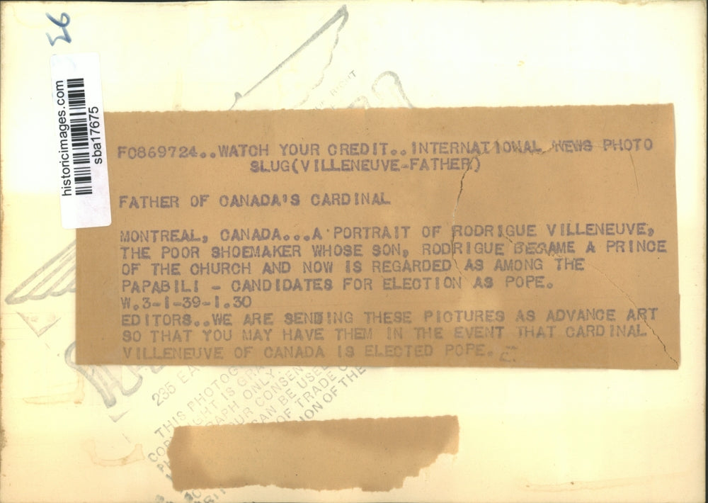 1939 Press Photo Rodrigue Villeneuve-father of Canada's Cardinal - sba17675