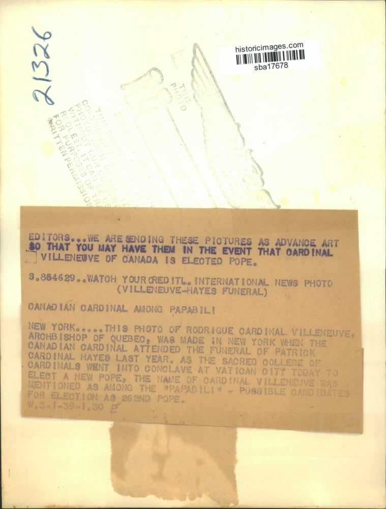 1939 Press Photo Rodrigue Cardinal Villeneuve Patrick Cardinal Hayes' funeral