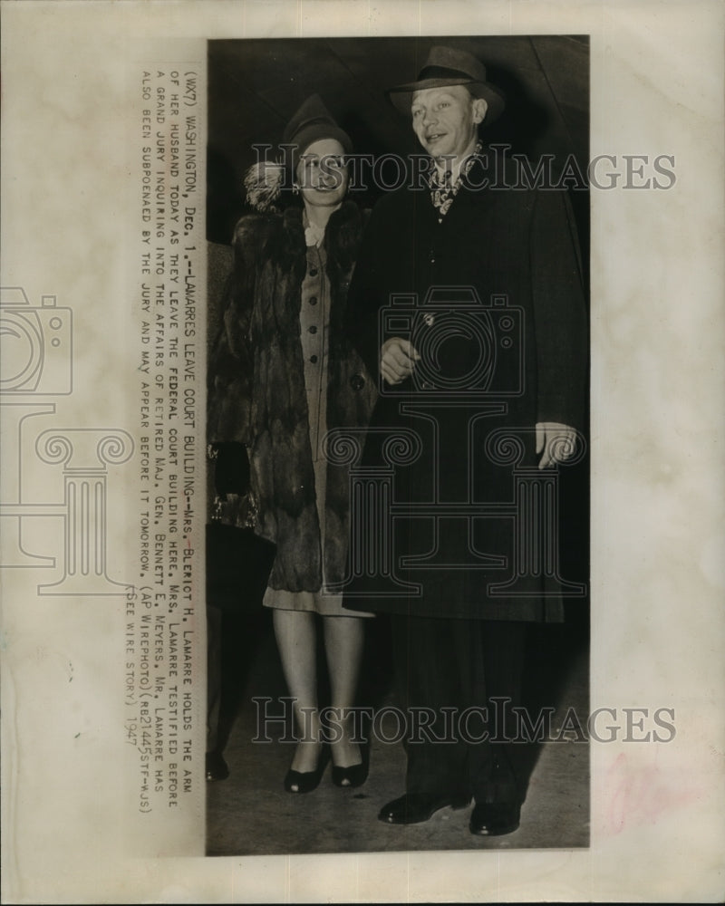 1947 Press Photo Mrs.Bleriot Lamarre testified on Maj.Gen. Bennett Meyers Trial- Historic Images