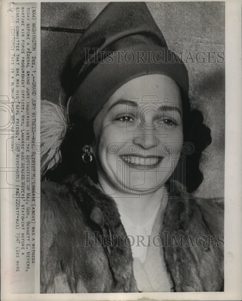 1947 Press Photo Mrs.Bleriot Lamarre Grand Jury Witness in Maj.Gen.Meyers Trial