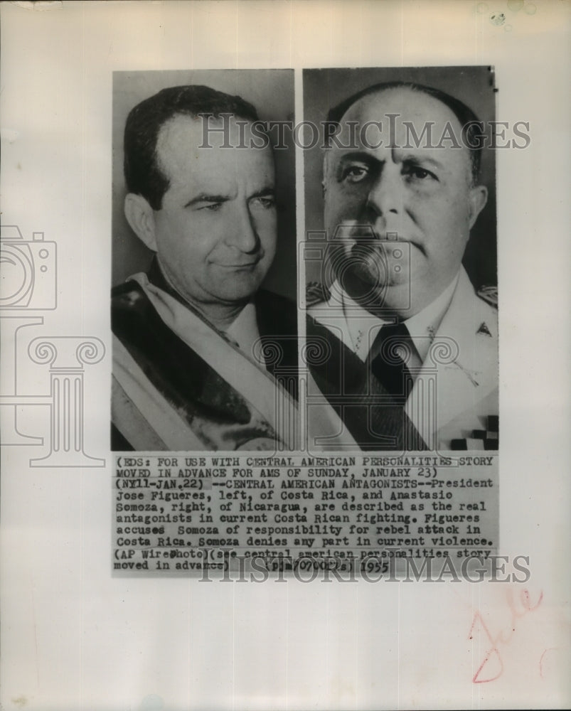 1955 Press Photo President Figueres Costa Rica and Anastasic Semoza Nicaragua- Historic Images