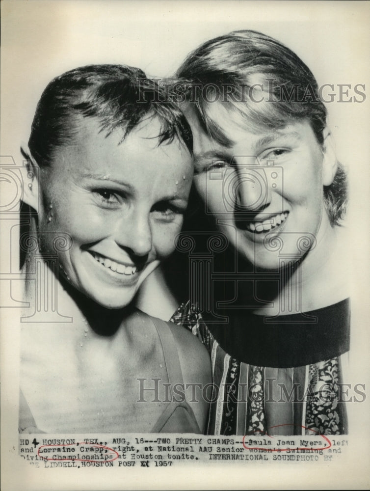 1957 Press Photo Paula Joan Myers &amp; Lorraine Crapp at Natl. AAU Senior Swimming- Historic Images