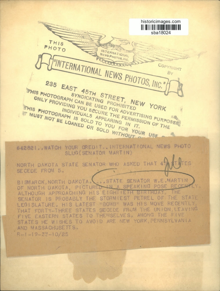 1933 Press Photo State Senator W. E. Martin announces states secede from Union