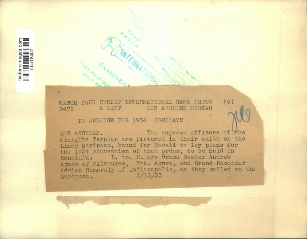 1933 Press Photo Supreme Officers of the Knights Templar aboard Liner Mariposa