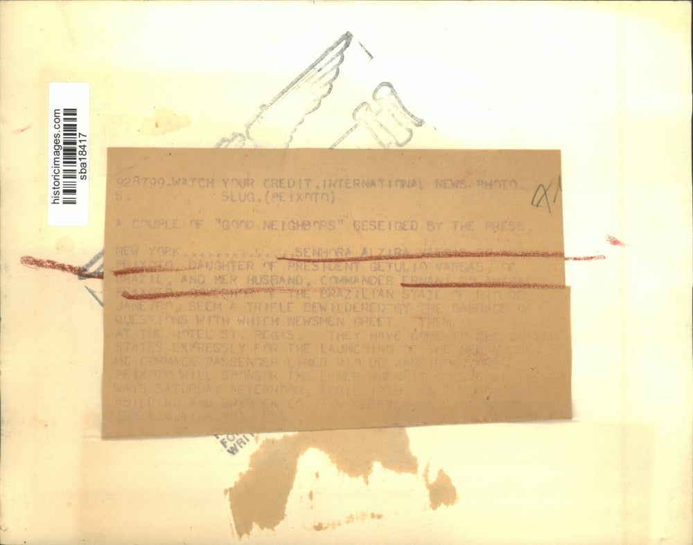 1941 Press Photo Mr & Mrs Alziba Vargas, daughter of Brazil President