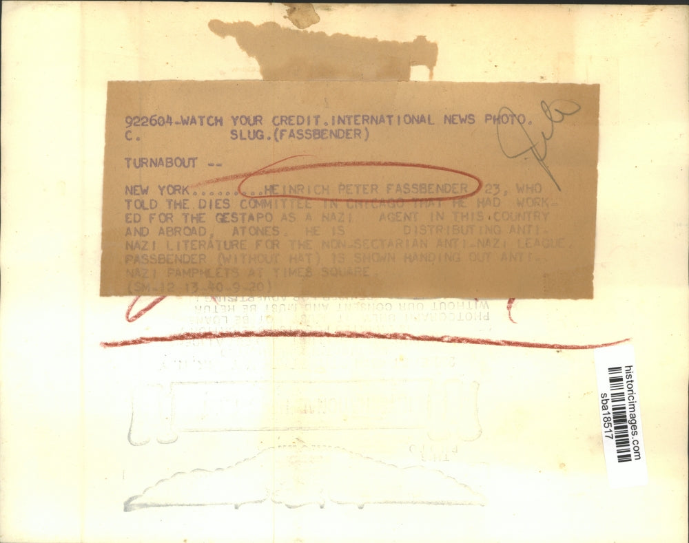 1940 Press Photo Heinrich Peter Fassbender appears before the DIES Committee