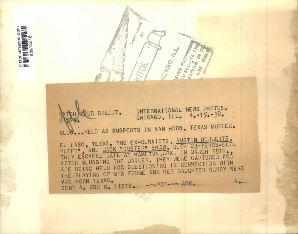 1938 Press Photo Ex-convicts held as suspects in Mrs. Frome and daughter murders