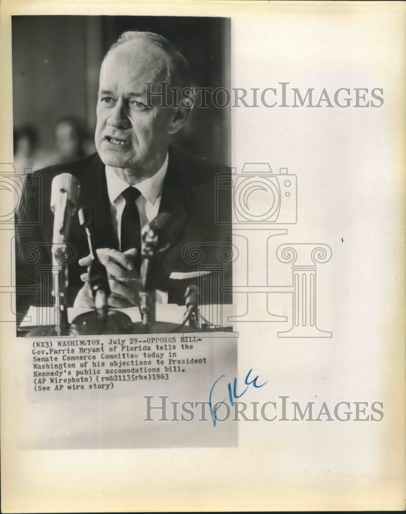 1963 Press Photo Governor Farris Bryant of Florida opposes a bill - sba18855