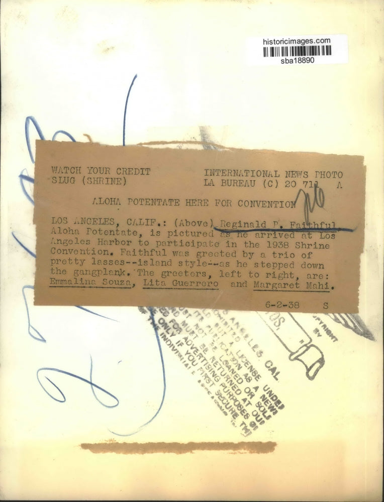 1938 Press Photo Aloha Potentate Reginald R. Faithful arrived in Los Angeles