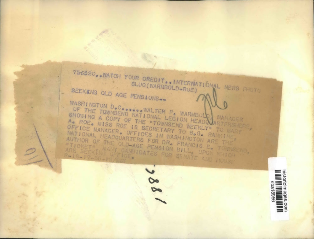 1935 Press Photo Walter P Warmbold manager of Townsend National Legion HQ