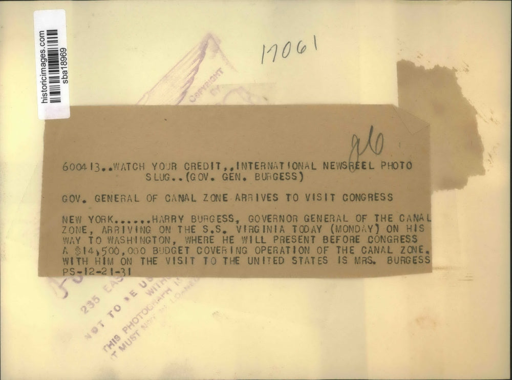 1931 Press Photo Harry Burgess Governor General of Canal Zone arrives in NY