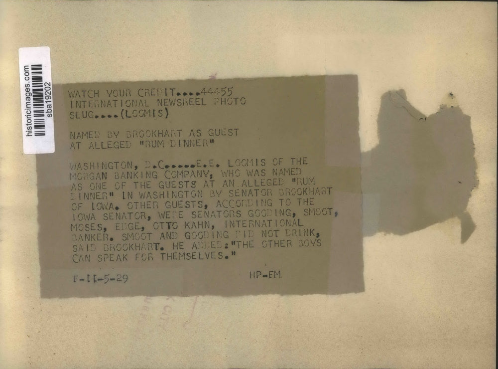 1929 Press Photo Named as guest at alleged "Rum dinner" E. E. Loomis - sba19202