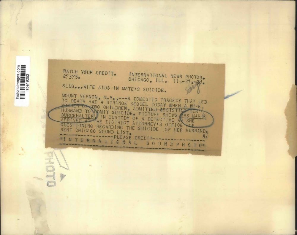 1928 Press Photo Mrs.Marie Burckhalter held for aiding Husband Suicide