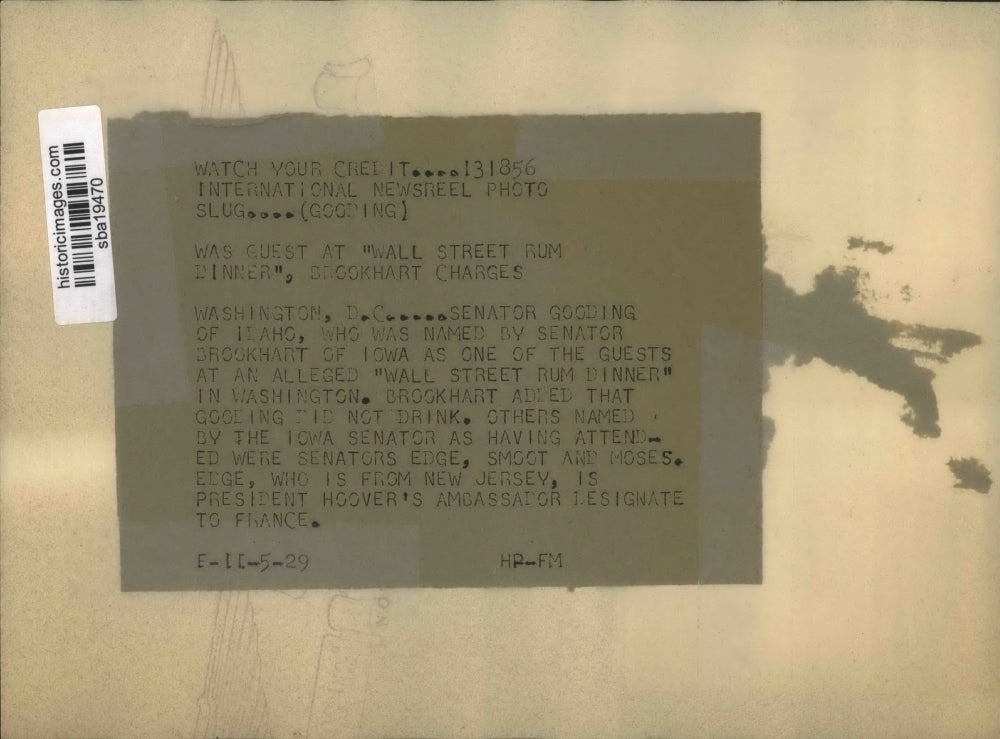 1929 Press Photo Senator Gooding was guest at the "Wall Street Rum Dinner"