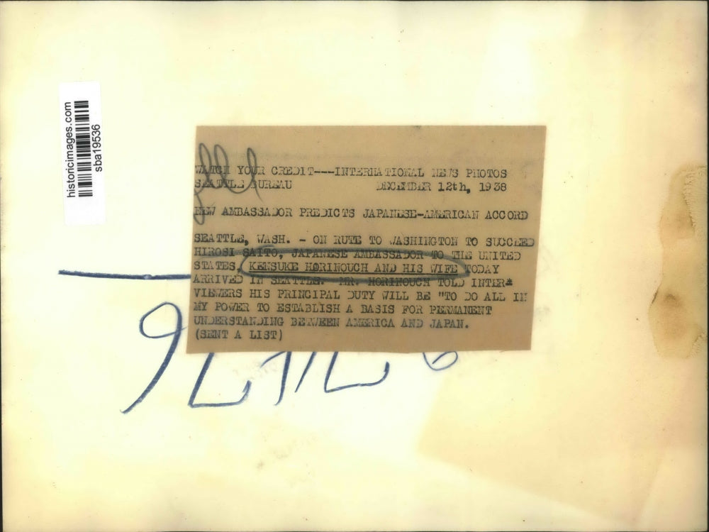 1938 Press Photo Japanese envoy Kensuke Horinouch and wife arrive Washington