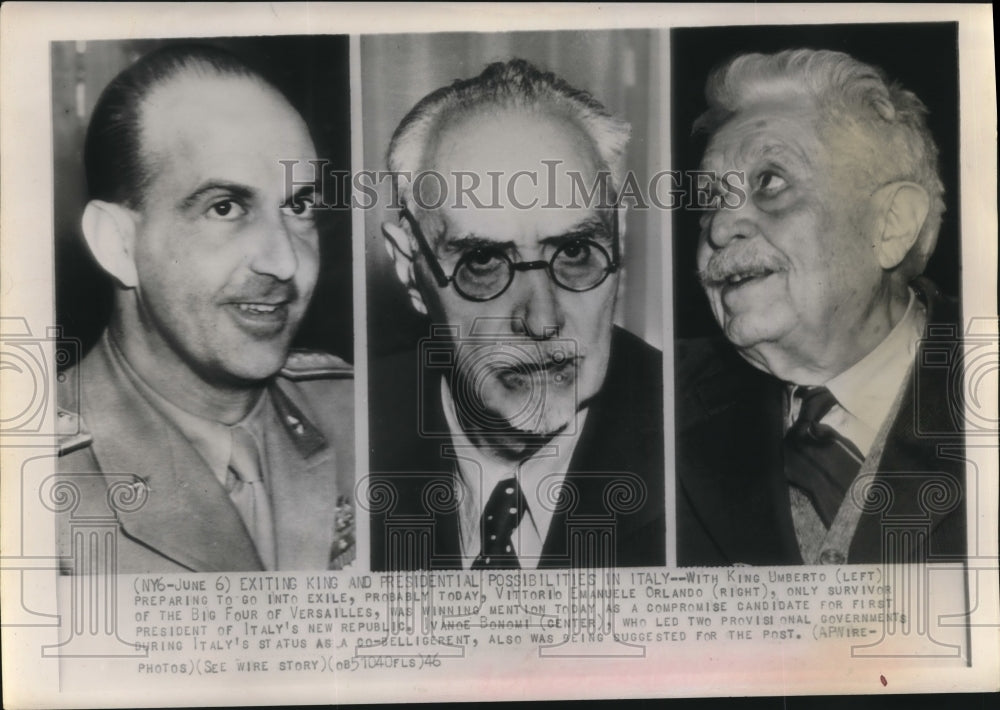 1946 Press Photo King Umberto of Italy, Vittorio E Orlando, V Bonomi - sba19855