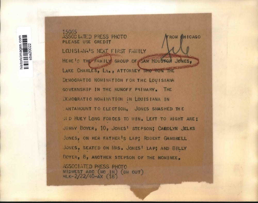 1940 Press Photo Gov. Sam Houston Jones of Louisiana with his Family