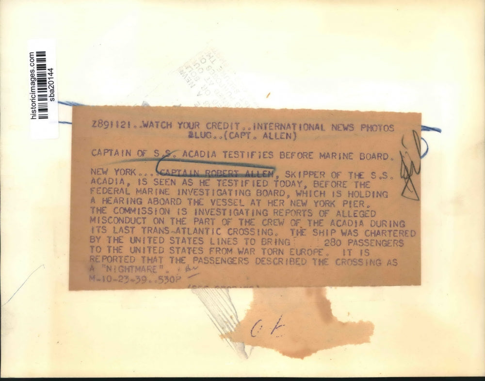 1939 Press Photo Captain Robert Allen appears before Federal Marine Committee