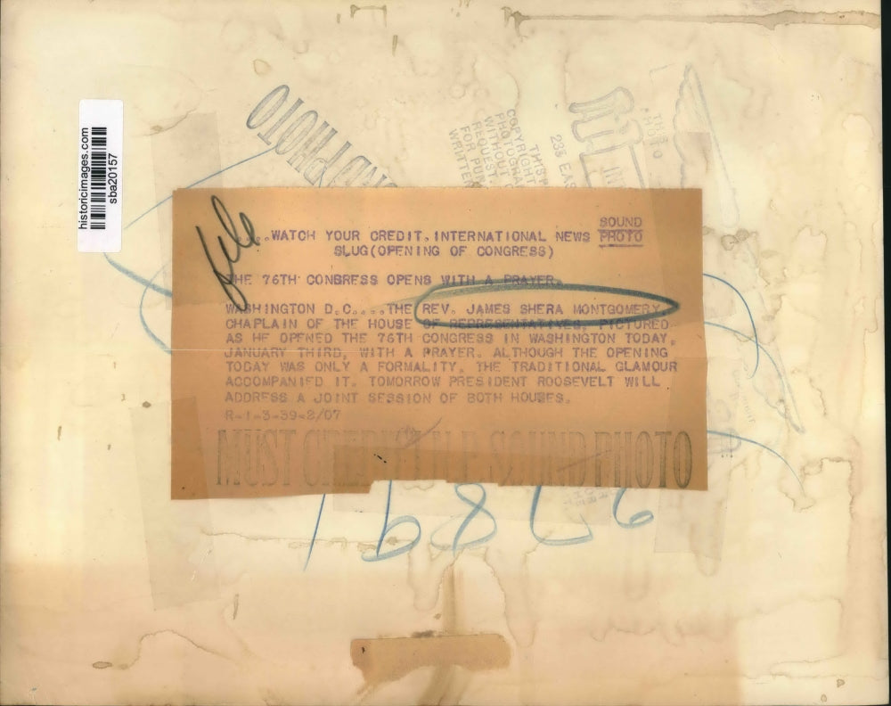 1939 Press Photo Rev.James Shera Montgomery Chaplain of the House of Congress