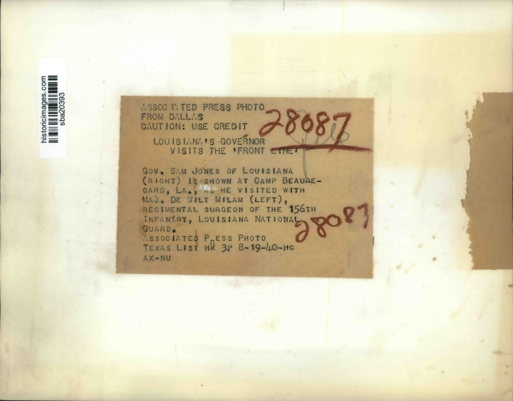 1940 Press Photo Gov Sam Jones Visits Maj DeWildt Milam of Louisiana Natl Guard