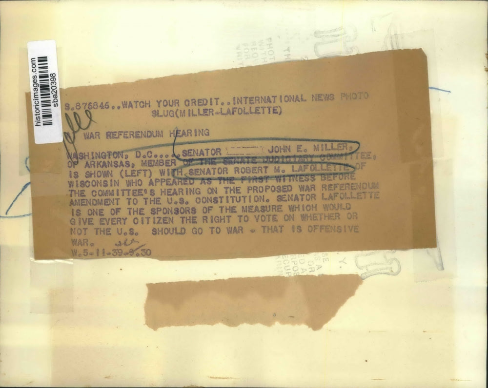 1939 Press Photo John Miller, Robert Lafollette at the War Referendum hearing