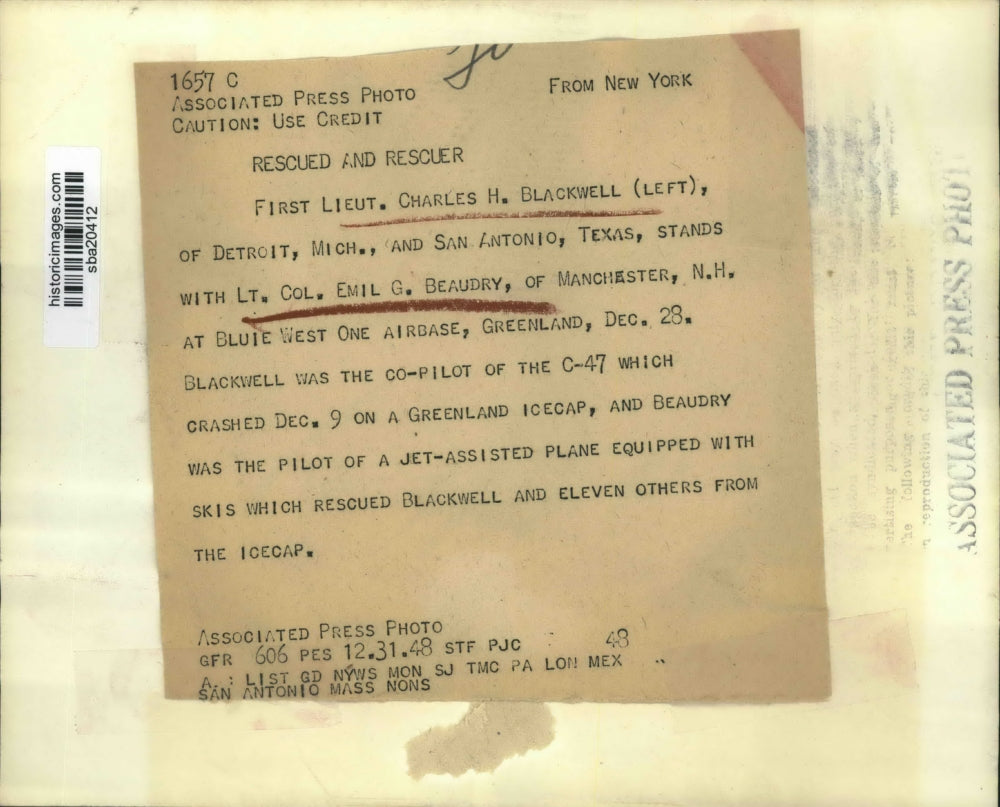 1948 Press Photo 1st Lt Charles Blackwell & Lt Col Emil Beaudry pilots of flight