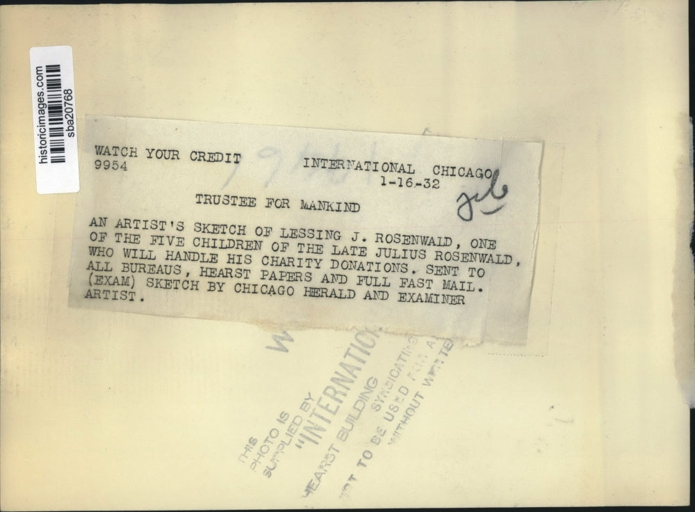 1932 Press Photo Artist's sketch of Lessing J Rosenwald trustee for mankind